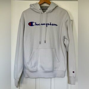 Champion Logo Hoodie Men’s M White/Gray Pullover Sweatshirt – 22.5” Chest